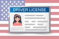 Flat woman driver license plastic card template, id card vector illustration Royalty Free Stock Photo