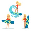 Flat woman with surfboard surfing sea wave