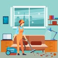 Flat woman vacuum cleaner in room - cleaning woman vector character