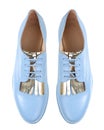 Flat women`s shoes pair,blue leayjer lady footwear isolated. Royalty Free Stock Photo