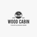 flat WOOD CABIN tree building MOUNTAIN logo design