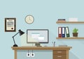 Flat workplace illustration with monitor, lamp, shelves