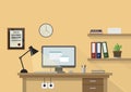 Flat workplace illustration with monitor, lamp, shelves w