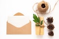 Flat workspace. Craft kraft paper envelope, pine cones, gift and twine on a white background. Flat lay, top view