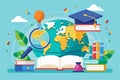 A flat world map is displayed with educational tools like books, magnifying glass, and a graduation cap Studying a flat Royalty Free Stock Photo