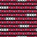 Flat XOXO Valentine`s Day Typography vector seamless pattern. Stripes Hearts and Words. Love. XOXO. Hugs and Kisses