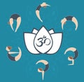 Flat yoga postures around aum symbol on white lotus over mandala Royalty Free Stock Photo