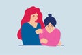 Flat young female comforts her crying friend. Friendship, mother and daughter support, family help concept