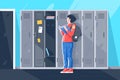 Flat young girl with book at school lockers.