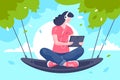 Flat young girl with tablet, headphones at hammock on tree.