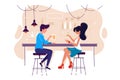 Flat young man and woman on date with drink in bar. Royalty Free Stock Photo