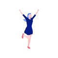 Young happy laughing woman jumping with raised hands.