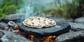 Flatbread cooking over open fire on hot stone surrounded by rocks in outdoor natural setting Royalty Free Stock Photo