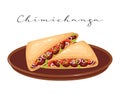 Flatbread with meat, chili and beans, Chimichanga, Latin American cuisine. National cuisine of Mexico. Food illustration