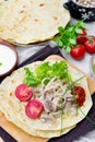 Flatbread with meat, onions, lettuce and tomatoes Royalty Free Stock Photo