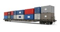 A flatcar loaded with shipping containers on a white studio background Royalty Free Stock Photo