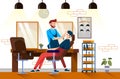 A bearded hair barber cuts a man client`s mustache and beard at a men`s barber shop. Barber shop interior design with chairs, mirr