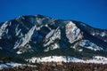 The Flatirons Mountains in Boulder, Colorado on a Snowy Winter Day Royalty Free Stock Photo