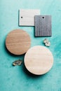 Flatlay arrangement of interiors finishes on green velvet background Royalty Free Stock Photo