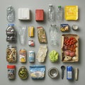 Flatlay of assorted household waste including plastic bottles, containers, food packaging, and cans Royalty Free Stock Photo
