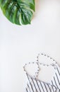 Flatlay bikini, hat, sunglasses, starfish, green leaf of plum on white background