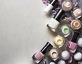 Flatlay business card for nail technician makeup artist, or wallpaper, with nail polish pots