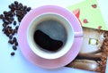 Flatlay Coffee with coffee beanand on white surface