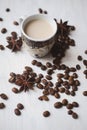 Flatlay coffee cup and coffee beans on a white background