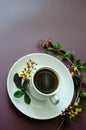 Flatlay  composition a cup of coffee and on a round saucer lies a twig with small yellow flowers and leaves Royalty Free Stock Photo