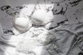 Flatlay composition with white bra on marble background. Top view underwear. Lace lingery. Bride concept