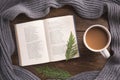 Flatlay composition with white knitted scarf, cup of coffe and open book on wooden desk table Royalty Free Stock Photo