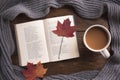 Flatlay composition with white knitted scarf, cup of coffe and open book on wooden desk table Royalty Free Stock Photo