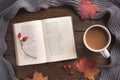 Flatlay composition with white knitted scarf, cup of coffe and open book on wooden desk table Royalty Free Stock Photo