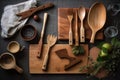 flatlay of cooking utensils on natural wooden board