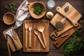 flatlay of cooking utensils on natural wooden board