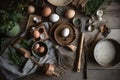 flatlay of cooking utensils with rustic theme and natural elements