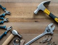 Flatlay of DIY tools, hammer, pliers, screwdriver for handymen. Manual work