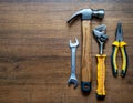 Flatlay of DIY tools, hammer, pliers, screwdriver for handymen. Manual work