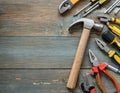 Flatlay of DIY tools, hammer, pliers, screwdriver for handymen. Manual work