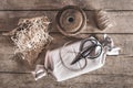 Flatlay, eco friendly way to wrap a gift, natural materials and organic cotton Royalty Free Stock Photo