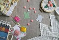 Flatlay with embroidery, notebook, threads, buttons and gift cards, copy space on textile background Royalty Free Stock Photo