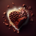 Flatlay of exploding chocolate heart for Valentine.generative ai
