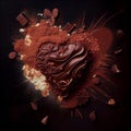 Flatlay of exploding chocolate heart for Valentine.generative ai