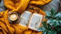 flatlay first half of image free empty and second half consists of Open book, Reading glasses, Coffee cup, Cozy blanket, Plant Royalty Free Stock Photo