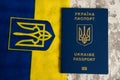 Ukraine, Chernihiv, July 5, 2023: Flatlay, flag of Ukraine with coat of arms and passport of citizen of Ukraine on light