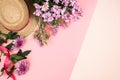 Flatlay frame arrangement with pink chrysanthemum flowers and daisies