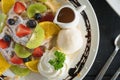 Flatlay Half Strawberry Blueberry Kiwi Lemon Waffle Whipped Cream Ice Cream Chocolate Dessert 2 Royalty Free Stock Photo