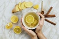 Flatlay of healthy drink with lemon, fresh ginger root, cinnamon sticks and agave syrup on marble