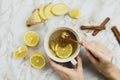 Flatlay of healthy drink with lemon, fresh ginger root, cinnamon sticks and agave syrup on marble