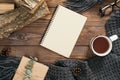 Flatlay hygge style composition with fashion women knitted scarf, blank paper notebook, mug of tea, gift box, firewood on wooden